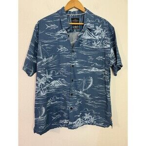 Quiksilver Men Button Up Shirt XL Blue Waterman Collection Hawaiian Fish Volcano